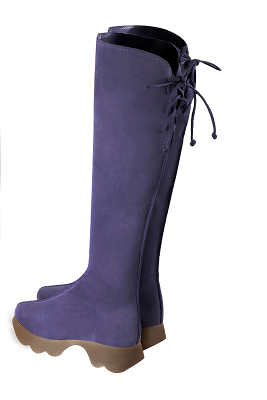 Lavender purple women's knee-high boots, with laces at the back. Round toe. Low rubber soles. Made to measure. Rear view - Florence KOOIJMAN